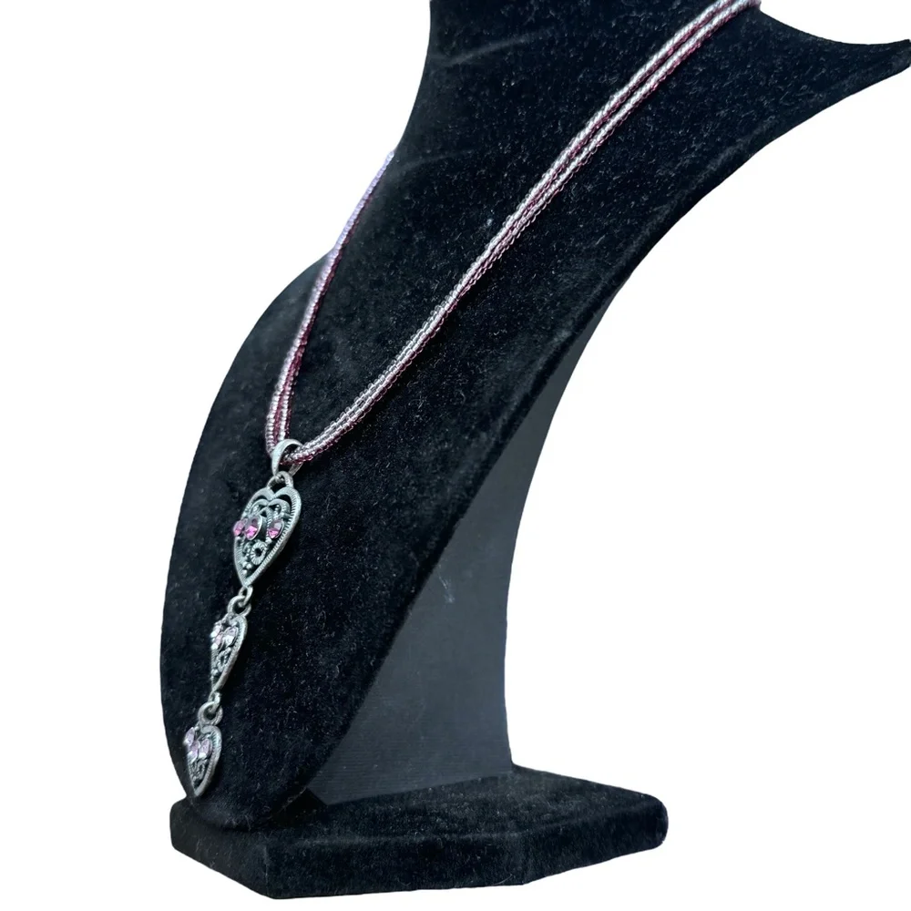 SILVER TONE 3 FILAGREE HEARTS W PURPLE CRYSTALS PENDANT ON PURPLE BEAD NECKLACE